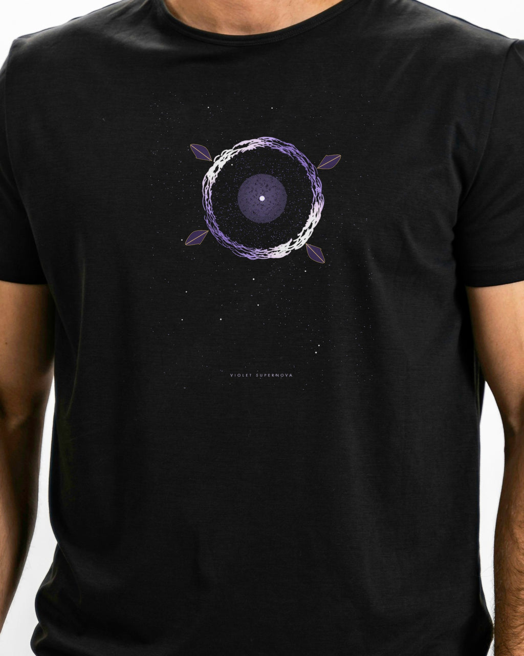 Model photo of the Violet Supernova Tee: illustrative, print shown at actual size